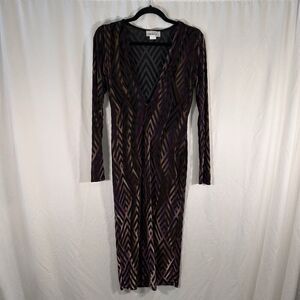 Vintage Magia USA Midi Dress Women's Large Purple Semi Sheer Vneck Long Sleeve